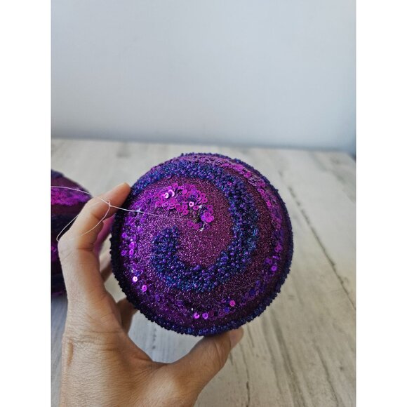 Purple sequin stripe beaded large ornament unique set Xmas tree - Picture 6 of 6